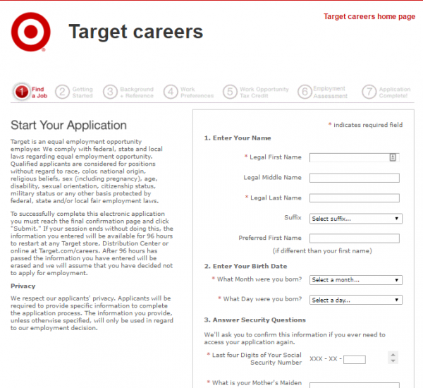 Applying for a job at target online