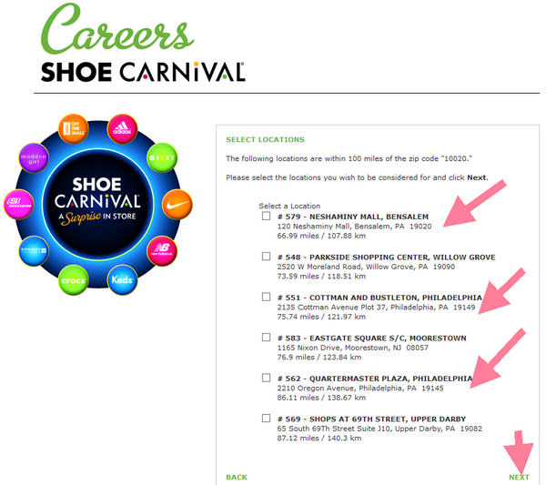 Browse the Shoe Carnival locations list and choose those where you want to send in your Shoe Carnival applications