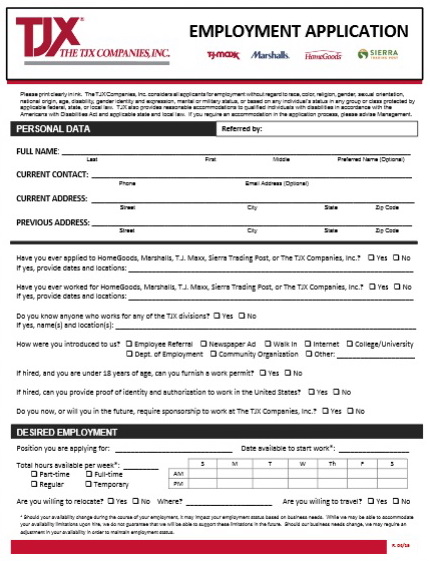 The first page of the printable Marshalls application form 