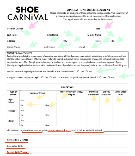 The first page of the Shoe Carnival Application form 