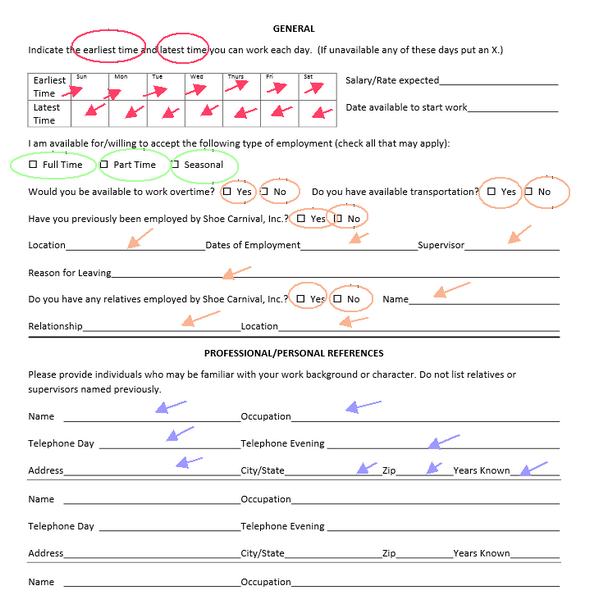 Fill in the second page of the Shoe Carnival application form with your availability and a few references 