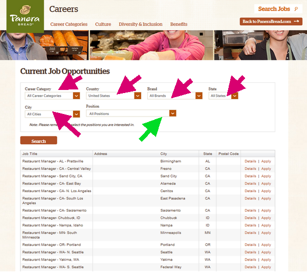 Use the Panera Bread application portal to find the best job for you