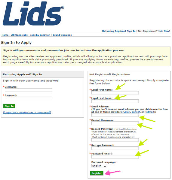 Sign up on the Lids application portal to begin filling out your form.