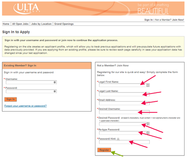 Register on the ULTA application portal to begin filling out your employment form. 