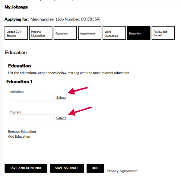 Provide the main points in your education history for this section of the H&M application form.
