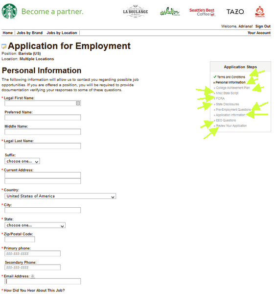 Screenshot of the Starbucks application process 5