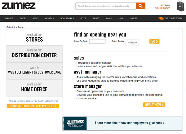 Screenshot of the Zumiez application process 1
