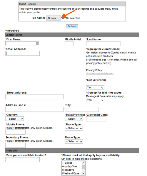 Screenshot of the Zumiez application process 4