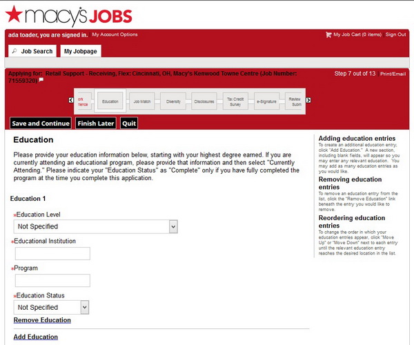 Screenshot of the Macys Application Process