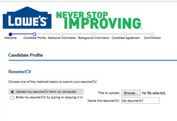 Screenshot of the Lowes application process
