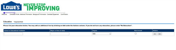 Screenshot of the Lowes application process