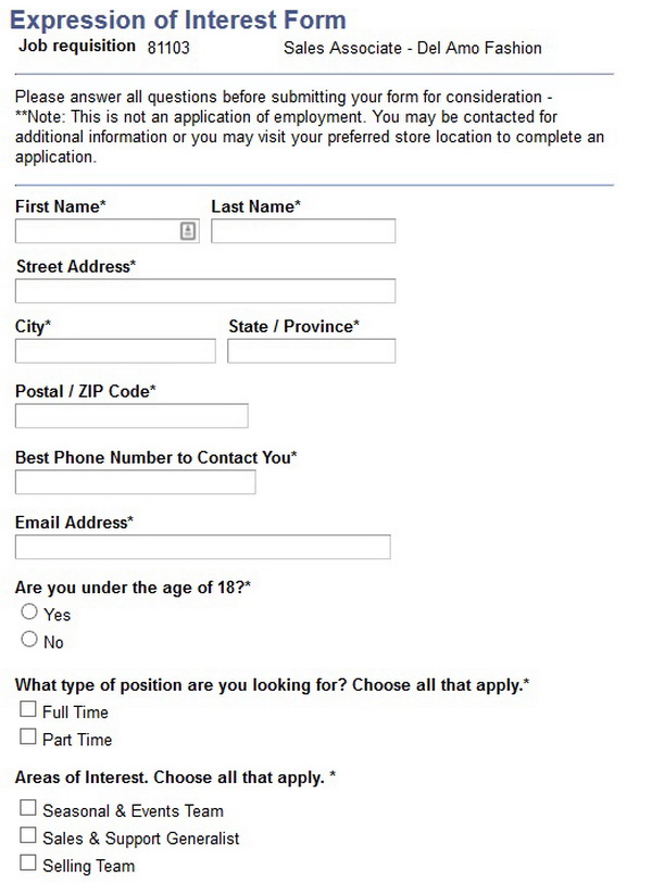 Screenshot of the Victoria Secret application process