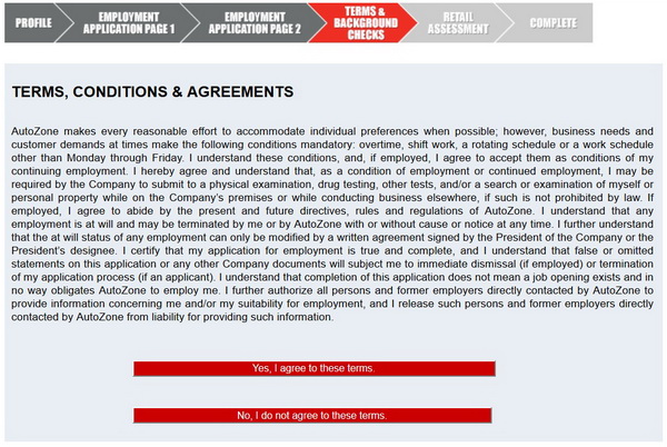 Screenshot of the Autozone Application process