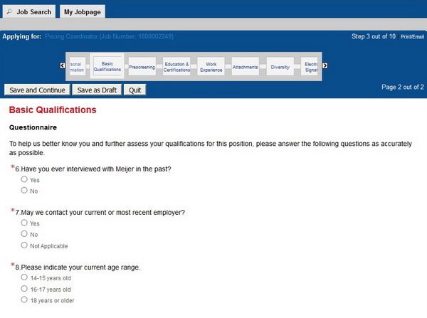 Screenshot of the Meijer application process