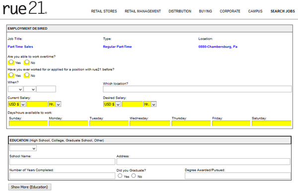 Screenshot of the Rue 21 application portal