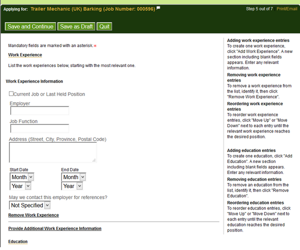 Screenshot of the Ups application process