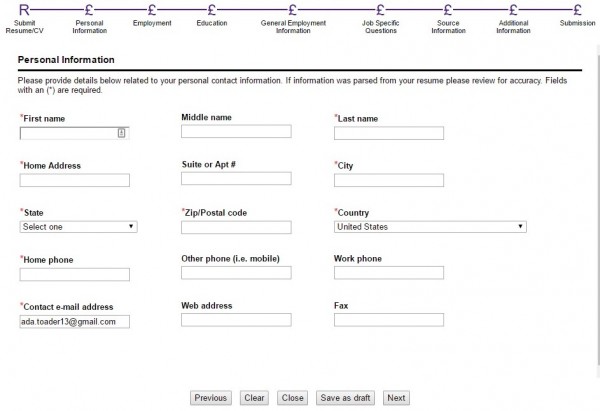 Screenshot of the Fedex application process