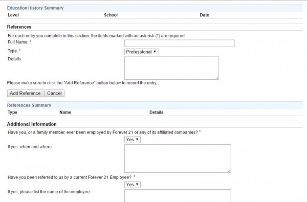 Screenshot of the Forever 21 application process