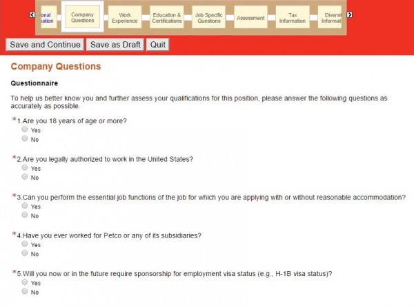Screenshot of the Petco application process