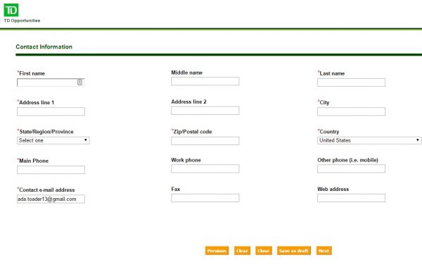 Screenshot of the TD Bank Application Process