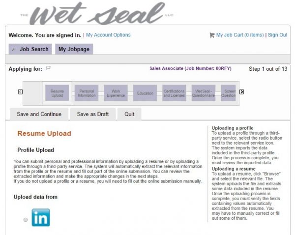 Screenshot of the Wet Seal application process