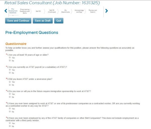 Screenshot of the AT&T application process
