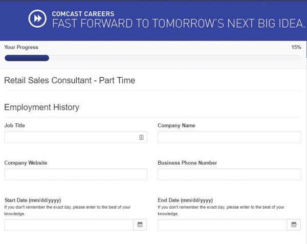 Screenshot of the Comcast application process