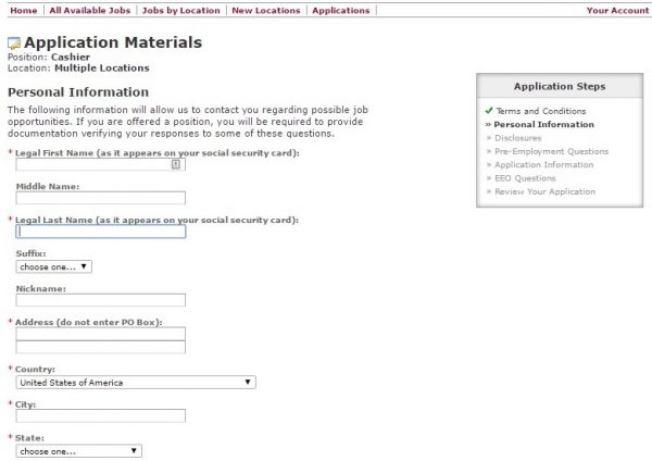 Screenshot of the Costco application process
