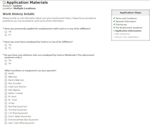 Screenshot of the Costco application process