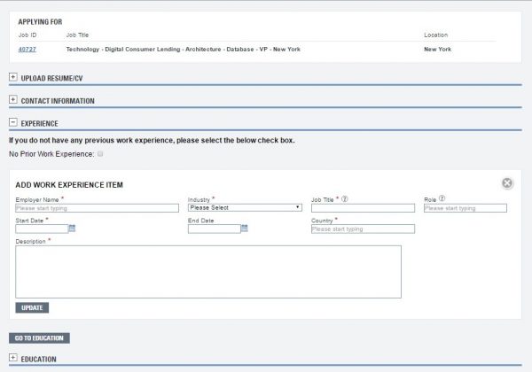 Screenshot of the Goldman Sachs application process