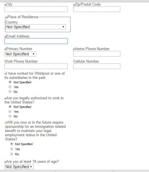 Screenshot of the Whirlpool application process
