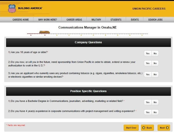 Screenshot of Company Questions section of the Union Pacific application form