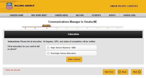 Screenshot of Education section of the Union Pacific application form