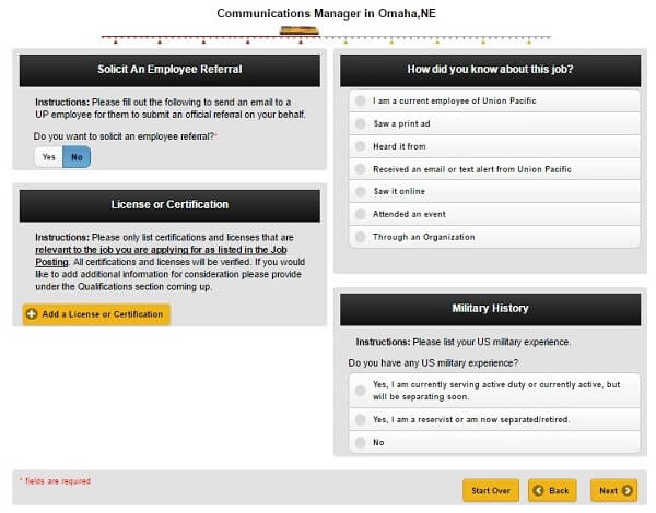 Screenshot of License or Certification section of the Union Pacific application form