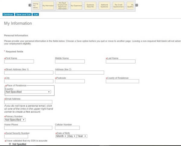Screenshot of the My Information section of the Gap application form