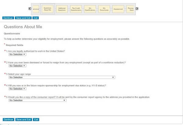 Screenshot of Questions About Me section of the Gap application form