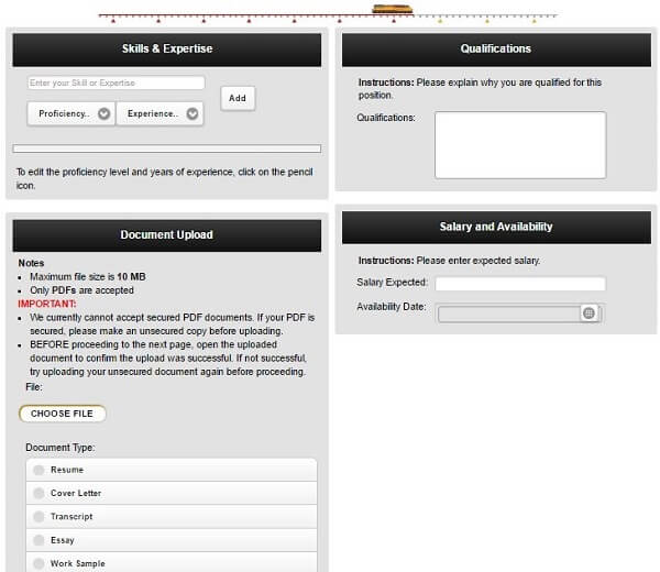 Screenshot of Skills and Expertise section of the Union Pacific application form