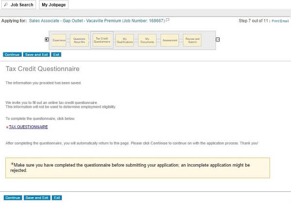 Screenshot of Tax Credit Questionnaire section of the Gap application form