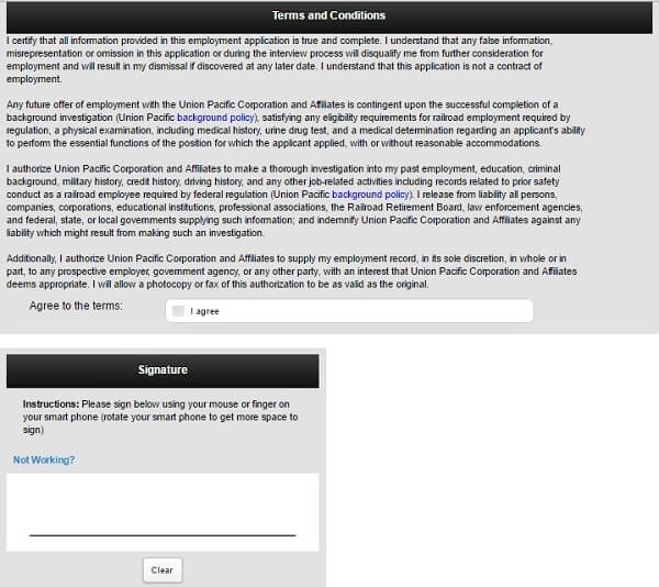 Screenshot of Terms and Conditions section of the Union Pacific application form