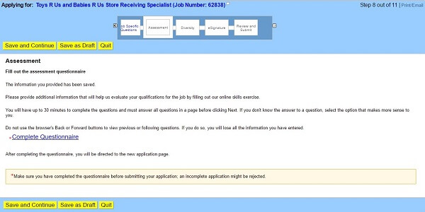 Screenshot of the Assessment section of the Toys R Us application form