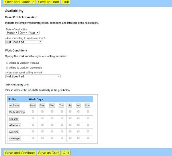 Screenshot of the Availability section of the Toys R Us application form