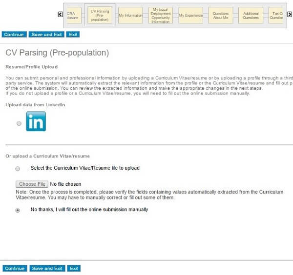 Screenshot of the CV Parsing section of the Gap application form