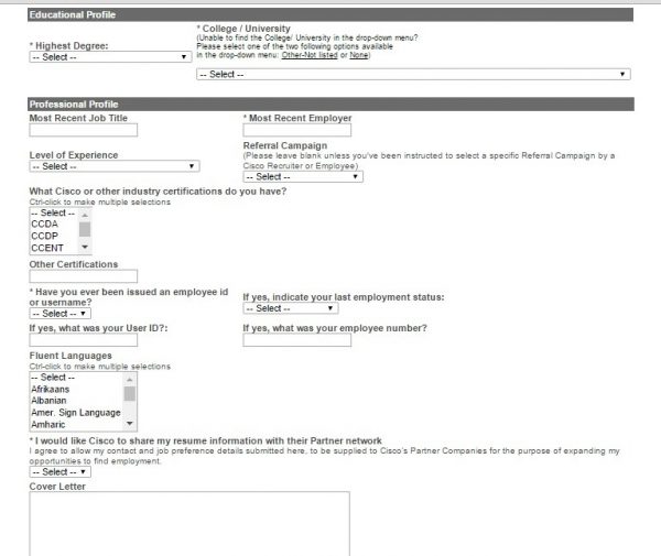 Screenshot of the Cisco application process