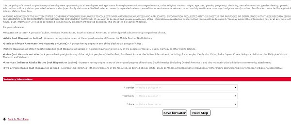 Screenshot of the EEO section of the Aramark application portal