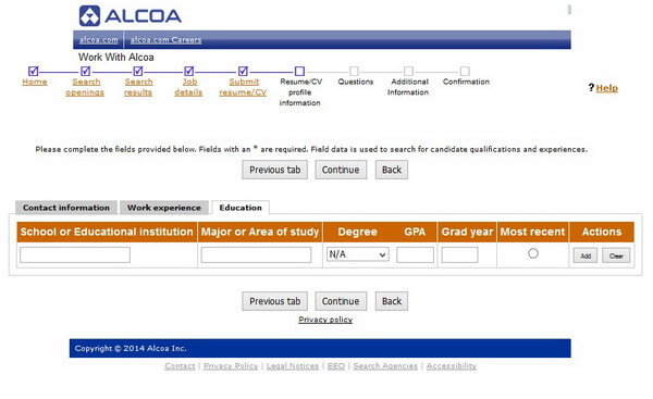Screenshot of the Education section of the Alcoa application form