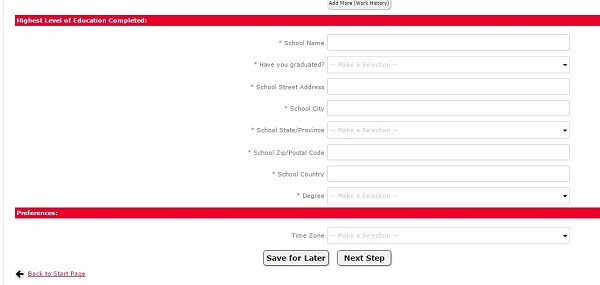 Screenshot of the Education section of the Aramark application portal