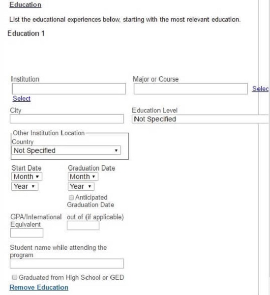 Screenshot of the Education section of the BackRock application form