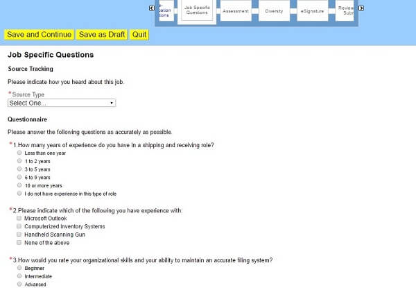 Screenshot of the Job Specific Questions section of the Toys R Us application form