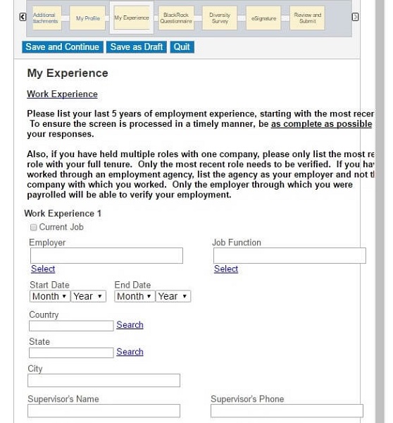 Screenshot of the My Experience section of the BackRock application form