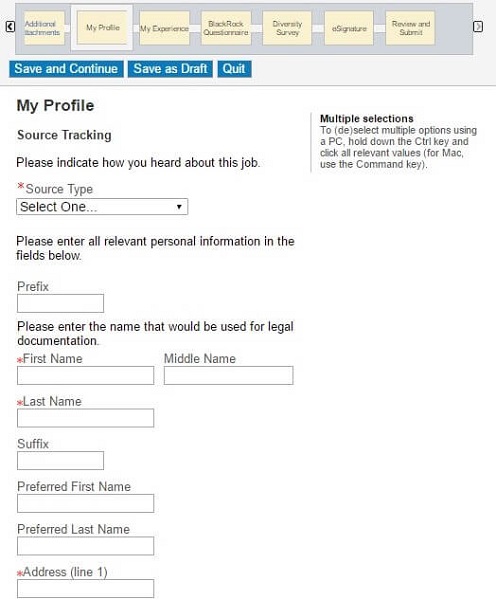 Screenshot of the My Profile section of the BackRock application form